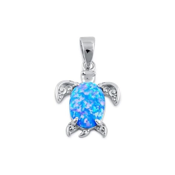 Sterling Silver Blue Lavender Lab Opal Filigree Sea Turtle Pendant 16” Necklace - Picture 2 of 5